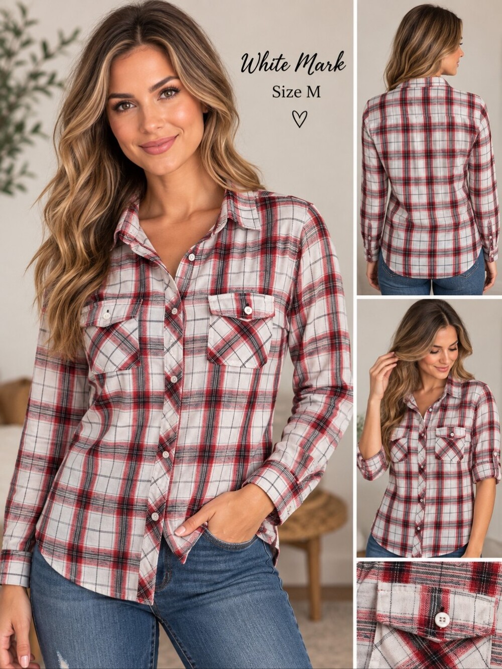 White Mark Women’s Plaid Button-Up Shirt Size M Red Black White